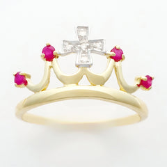 9K SOLID 0.15CT NATURAL RUBY QUEEN CROWN RING WITH 5 DIAMONDS.