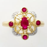 9K SOLID GOLD 0.40CT NATURAL RUBY VINTAGE STYLE RING WITH 4 DIAMONDS.