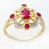 9K SOLID GOLD 0.40CT NATURAL RUBY VINTAGE STYLE RING WITH 4 DIAMONDS.