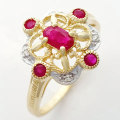 9K SOLID GOLD 0.40CT NATURAL RUBY VINTAGE STYLE RING WITH 4 DIAMONDS.