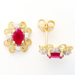 9K SOLID GOLD 0.65CT NATURAL RUBY VINTAGE STYLE EARRINGS WITH 8 DIAMONDS.