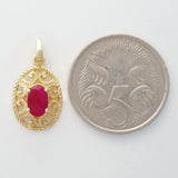 9K SOLID GOLD 0.35CT NATURAL RUBY FILIGREE ANTIQUE STYLE PENDANT.