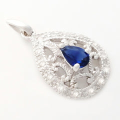 9K SOLID WHITE GOLD 0.30CT BLUE SAPPHIRE ANTIQUE STYLE PENDANT WITH 14 DIAMONDS.