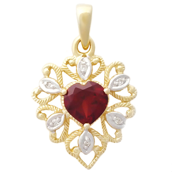 9K SOLID GOLD 0.95CT ALMANDINE GARNET FILIGREE PENDANT WITH 6 DIAMONDS.