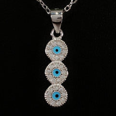 925 STERLING SILVER NECKLACE WITH TRILOGY EVIL EYE PENDANT SET IN SPARKLING CRYSTALS.
