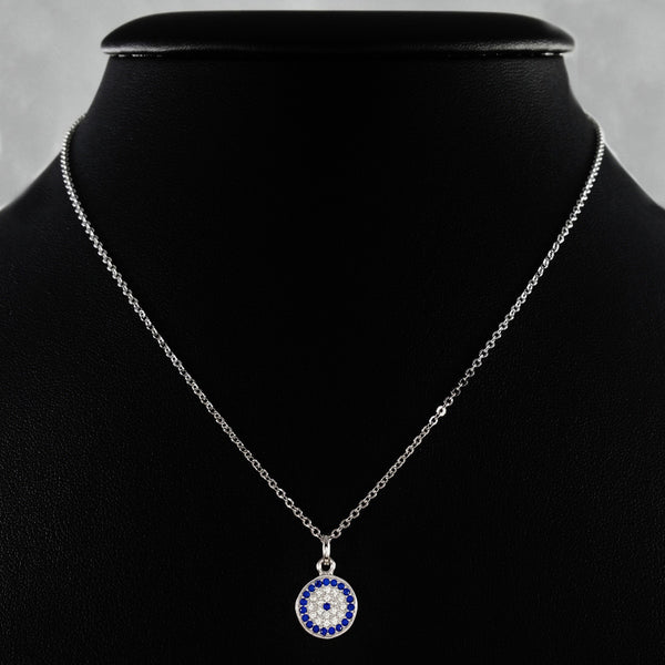 925 STERLING SILVER NECKLACE WITH ROUND EVIL EYE PENDANT SET IN SPARKLING CRYSTALS.