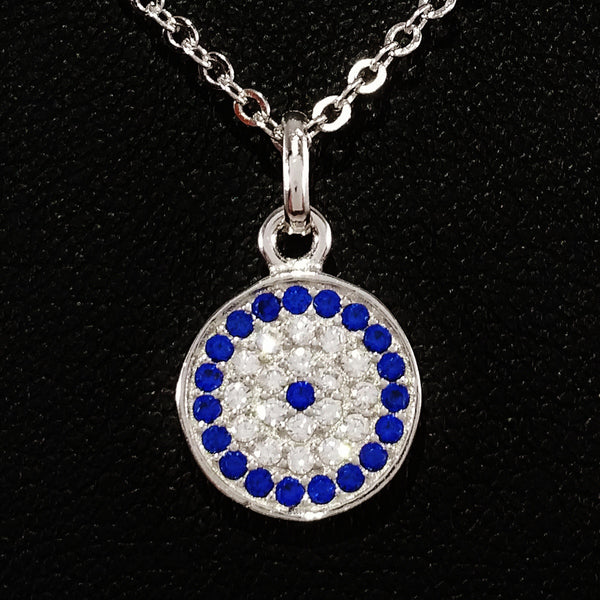 925 STERLING SILVER NECKLACE WITH ROUND EVIL EYE PENDANT SET IN SPARKLING CRYSTALS.