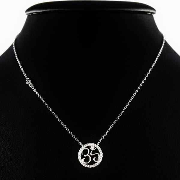 925 STERLING SILVER NECKLACE WITH OM NAMASTE PENDANT SET IN SPARKLING CRYSTALS.