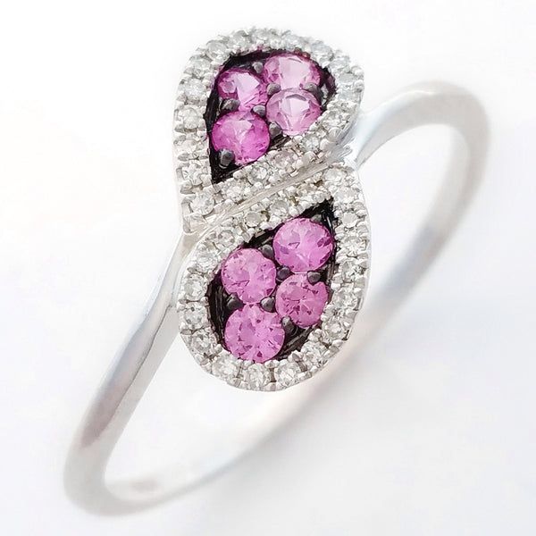 9K SOLID WHITE GOLD NATURAL 8 PINK SAPPHIRE & 38 DIAMOND RING.