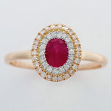 9K SOLID ROSE GOLD 0.55CT NATURAL RUBY HALO RING WITH 43 DIAMONDS.