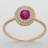 9K SOLID ROSE GOLD 0.55CT NATURAL RUBY HALO RING WITH 43 DIAMONDS.