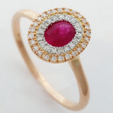 9K SOLID ROSE GOLD 0.55CT NATURAL RUBY HALO RING WITH 43 DIAMONDS.
