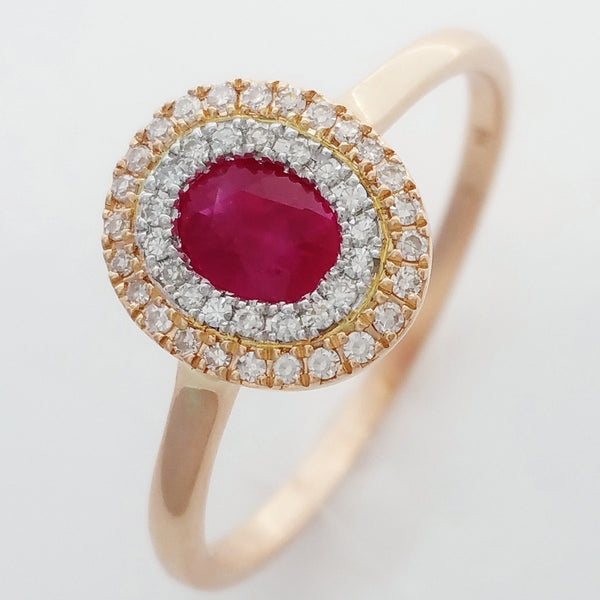 9K SOLID ROSE GOLD 0.55CT NATURAL RUBY HALO RING WITH 43 DIAMONDS.