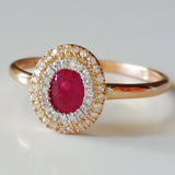 9K SOLID ROSE GOLD 0.55CT NATURAL RUBY HALO RING WITH 43 DIAMONDS.