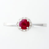 9K SOLID WHITE GOLD 0.30CT NATURAL RUBY HALO RING WITH 12 DIAMONDS.