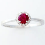 9K SOLID WHITE GOLD 0.30CT NATURAL RUBY HALO RING WITH 12 DIAMONDS.