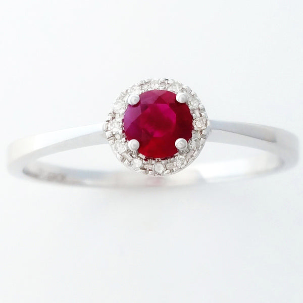 9K SOLID WHITE GOLD 0.30CT NATURAL RUBY HALO RING WITH 12 DIAMONDS.