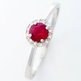 9K SOLID WHITE GOLD 0.30CT NATURAL RUBY HALO RING WITH 12 DIAMONDS.