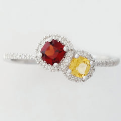 9K SOLID WHITE GOLD NATURAL CITRINE & GARNET RING WITH 40 DIAMONDS.