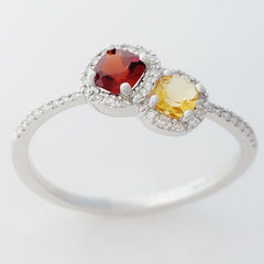 9K SOLID WHITE GOLD NATURAL CITRINE & GARNET RING WITH 40 DIAMONDS.