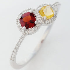 9K SOLID WHITE GOLD NATURAL CITRINE & GARNET RING WITH 40 DIAMONDS.