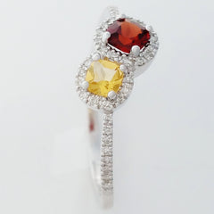 9K SOLID WHITE GOLD NATURAL CITRINE & GARNET RING WITH 40 DIAMONDS.