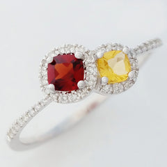 9K SOLID WHITE GOLD NATURAL CITRINE & GARNET RING WITH 40 DIAMONDS.