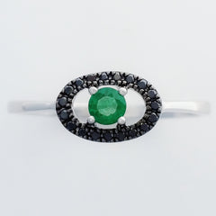 9K SOLID WHITE GOLD 0.15CT NATURAL EMERALD AND 19 BLACK DIAMOND RING.