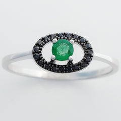9K SOLID WHITE GOLD 0.15CT NATURAL EMERALD AND 19 BLACK DIAMOND RING.