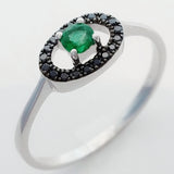 9K SOLID WHITE GOLD 0.15CT NATURAL EMERALD AND 19 BLACK DIAMOND RING.