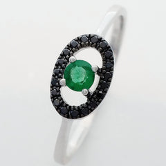 9K SOLID WHITE GOLD 0.15CT NATURAL EMERALD AND 19 BLACK DIAMOND RING.