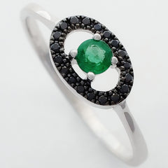 9K SOLID WHITE GOLD 0.15CT NATURAL EMERALD AND 19 BLACK DIAMOND RING.