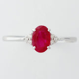 9K SOLID WHITE GOLD 0.60CT NATURAL OVAL RUBY RING WITH 6 DIAMONDS.