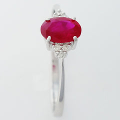 9K SOLID WHITE GOLD 0.60CT NATURAL OVAL RUBY RING WITH 6 DIAMONDS.