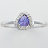 9K SOLID WHITE GOLD 0.30CT NATURAL TANZANITE HALO RING WITH 18 DIAMONDS.