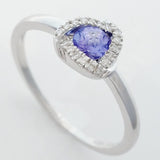 9K SOLID WHITE GOLD 0.30CT NATURAL TANZANITE HALO RING WITH 18 DIAMONDS.