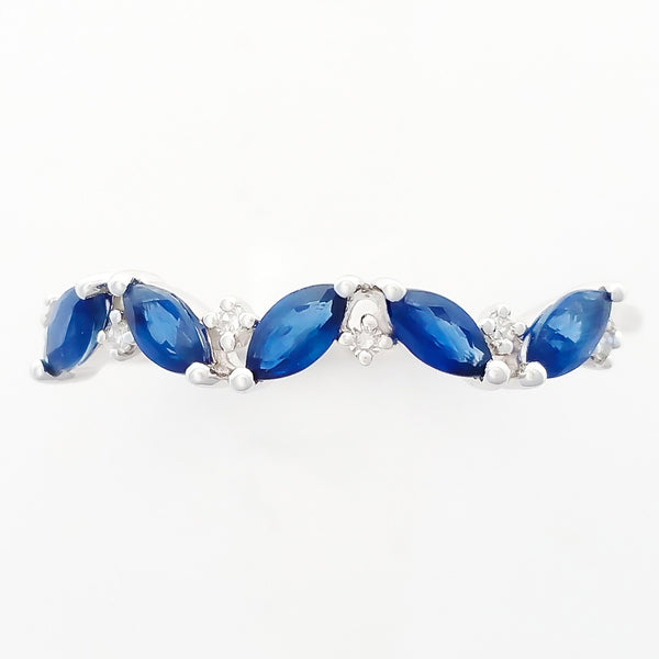9K SOLID WHITE GOLD 0.60CT NATURAL MARQUISE BLUE SAPPHIRE RING WITH 6 DIAMONDS.
