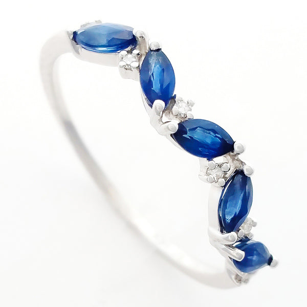 9K SOLID WHITE GOLD 0.60CT NATURAL MARQUISE BLUE SAPPHIRE RING WITH 6 DIAMONDS.