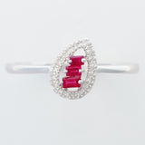 9K SOLID WHITE GOLD NATURAL BAGUETTE RUBY RING WITH 18 DIAMONDS.
