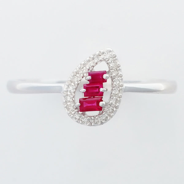 9K SOLID WHITE GOLD NATURAL BAGUETTE RUBY RING WITH 18 DIAMONDS.