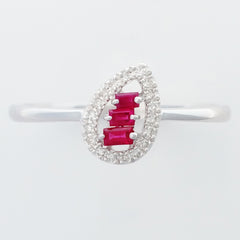 9K SOLID WHITE GOLD NATURAL BAGUETTE RUBY RING WITH 18 DIAMONDS.