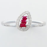 9K SOLID WHITE GOLD NATURAL BAGUETTE RUBY RING WITH 18 DIAMONDS.