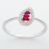 9K SOLID WHITE GOLD NATURAL BAGUETTE RUBY RING WITH 18 DIAMONDS.