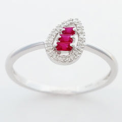 9K SOLID WHITE GOLD NATURAL BAGUETTE RUBY RING WITH 18 DIAMONDS.