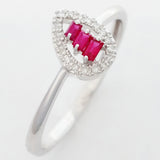9K SOLID WHITE GOLD NATURAL BAGUETTE RUBY RING WITH 18 DIAMONDS.