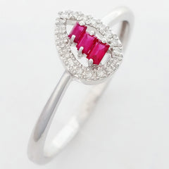 9K SOLID WHITE GOLD NATURAL BAGUETTE RUBY RING WITH 18 DIAMONDS.