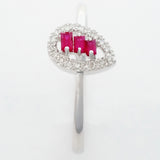 9K SOLID WHITE GOLD NATURAL BAGUETTE RUBY RING WITH 18 DIAMONDS.