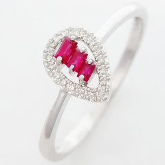 9K SOLID WHITE GOLD NATURAL BAGUETTE RUBY RING WITH 18 DIAMONDS.