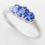 9K SOLID WHITE GOLD 0.60CT NATURAL TANZANITE TRILOGY RING WITH 6 DIAMONDS.
