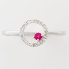 9K SOLID WHITE GOLD PETITE NATURAL RUBY HALO RING WITH 22 DIAMONDS.